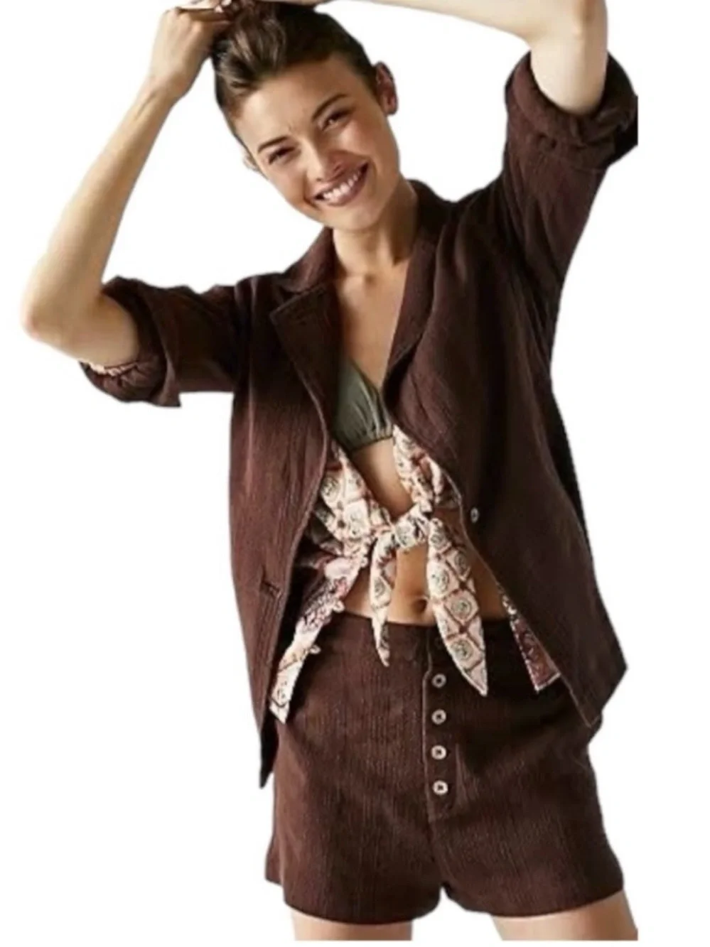 NWT Free People Modern Summer Short Blazer Set M Brown Linen 2pc Vacation Boho